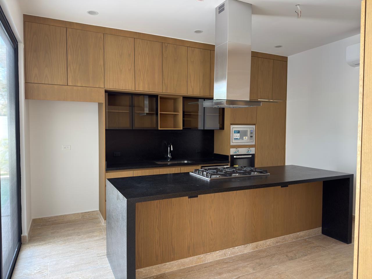 Cocina con isla. Chapa de madera y cubierta de granito negro