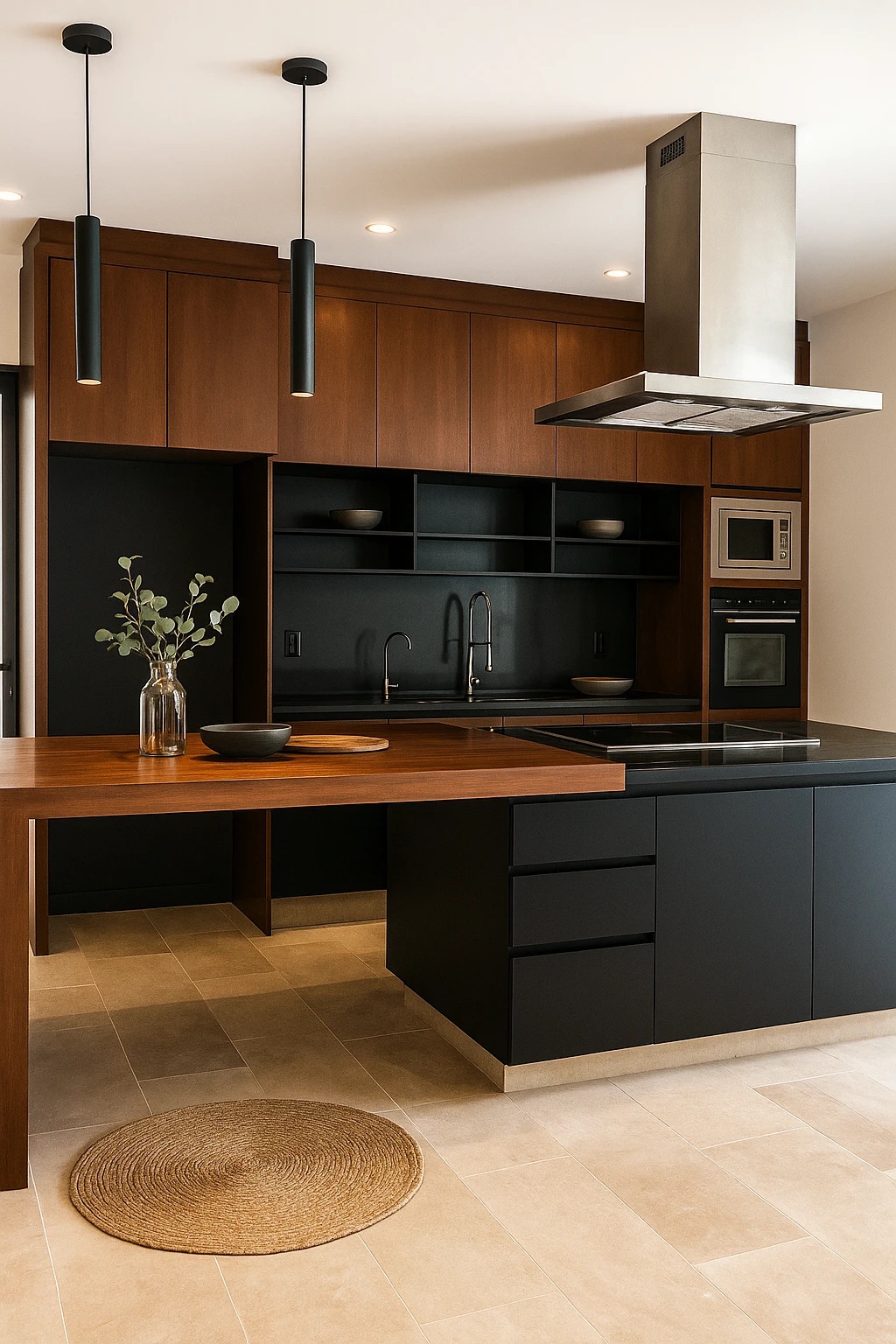 Cocina con gabinetes en tono nogal, repisas negras y barra de madera